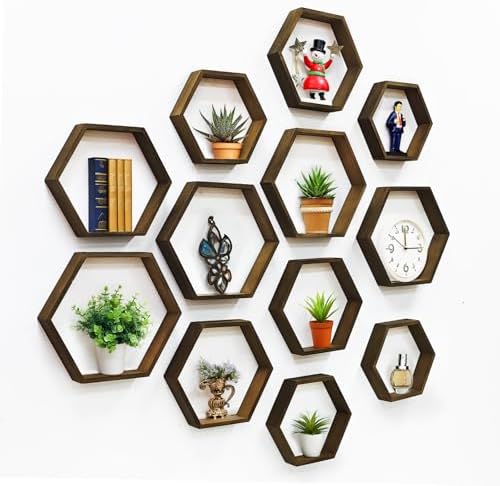 12 Pcs Wooden Hexagon Floating Shelves Brown