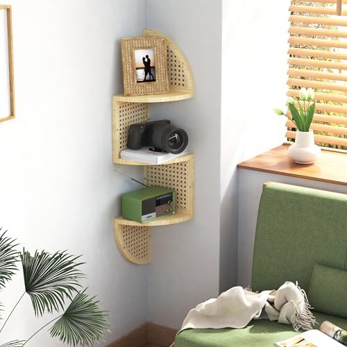 3-Tier Corner Wall Shelf - Rattan Floating Shelves for Bedroom Living Room and Bathroom