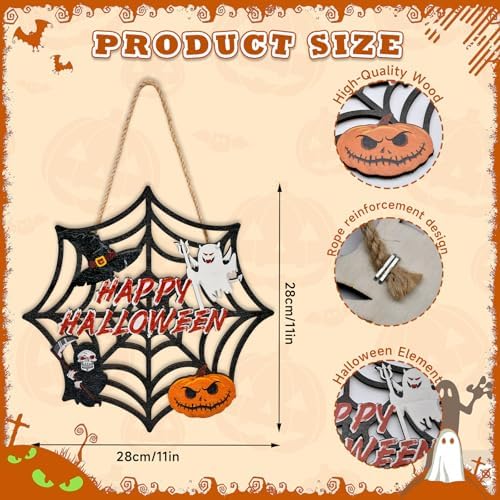 Halloween Wooden Door Wreath with Spider Web and Pumpkin