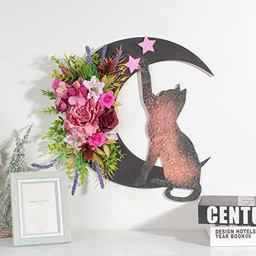 Halloween Black Cat Door Wreath with Bell Pendant