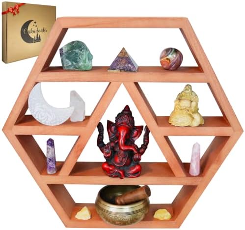 Hexagon Crystal Shelf Display - Large 21 Brown Wood Floating Shelves for Crystals