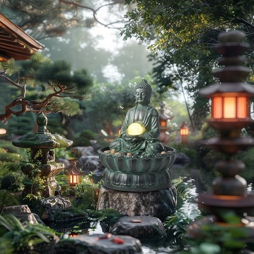 Indoor Tabletop Zen Fountain Buddha Statue with LED Light and Glass Ball