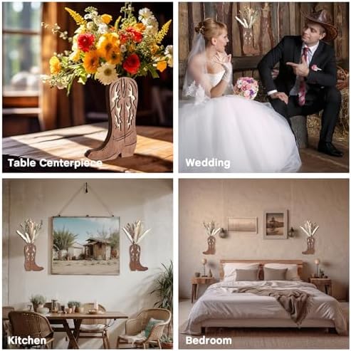 Chunful 2 Pcs Wood Cowboy Boot Vase with Dried Pampas Grass Flowers