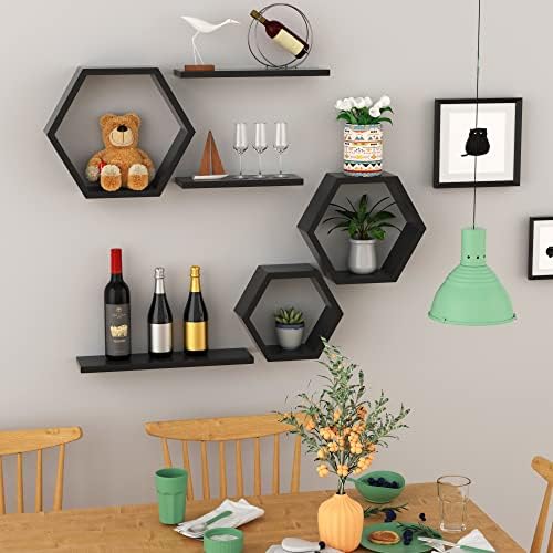Ecowillon Hexagon Floating Shelves Set of 6 Black