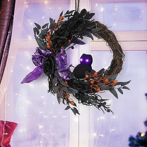 22 Inch Halloween Owl Wreath with Lighted Eyes