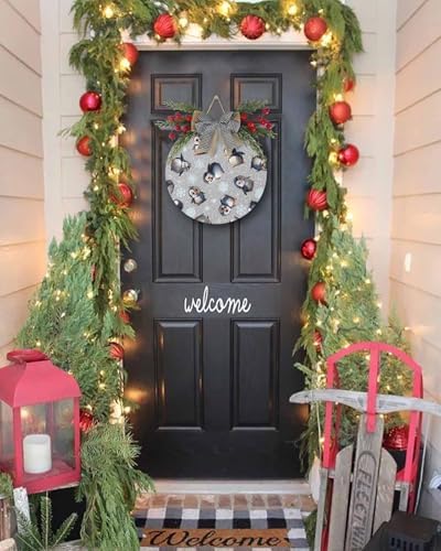 Cute Christmas Welcome Sign with Penguin Wreath Decor