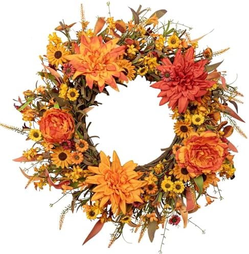 JFLORU 22 Inch Artificial Fall Wreath Autumn Decor for Front Door Thanksgiving Harvest Festival