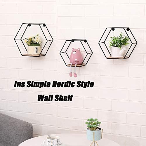 DRNCURN Hexagon Floating Shelves Wall Mounted Metal Set of 3 Honeycomb Dcor for Home