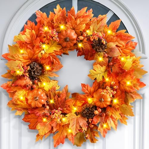 Elyum Fall Wreath - 20 Inch Autumn Door Decor with Pumpkins and Maple Leaves
