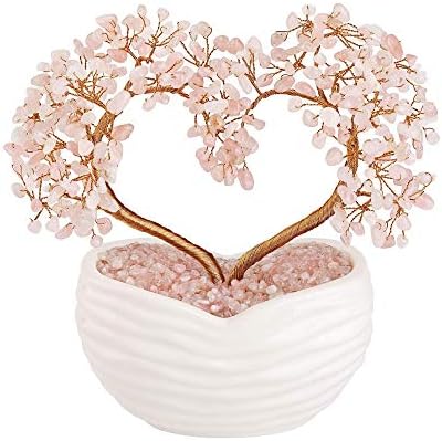 Jovivi Rose Quartz Crystal Heart Money Tree Healing Bonsai Set
