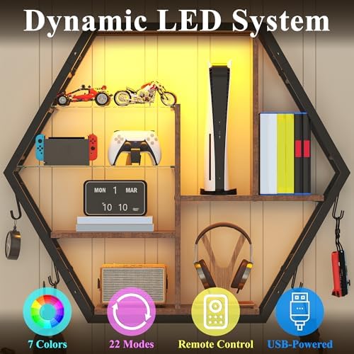 39 Inch Gaming Floating Shelves with LED Lights 5 Tier Retro Brown