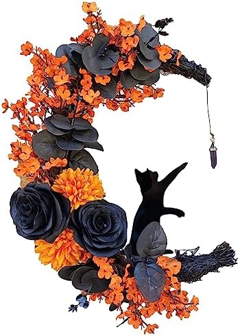 Elegant Halloween Cat Door Wreath with Black Cat and Purple Flowers