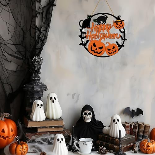 Halloween Wreath Decorations with Pumpkin Bat Black Cat Sign