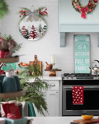 Welcome Sign Front Door Christmas Wreath Decor Plaid Xmas Tree Wooden Wall Decor