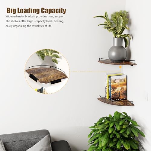 Corner Floating Shelves Set of 2 Rustic Brown Wood Wall Mount Storage with Guardrail