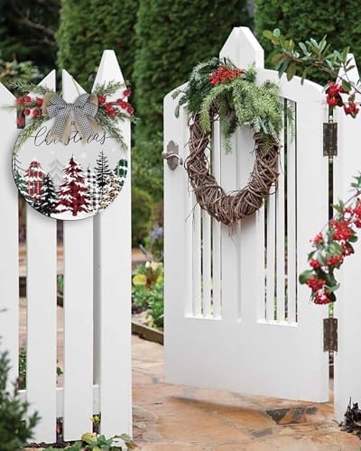 Welcome Sign Front Door Christmas Wreath Decor Plaid Xmas Tree Wooden Wall Decor