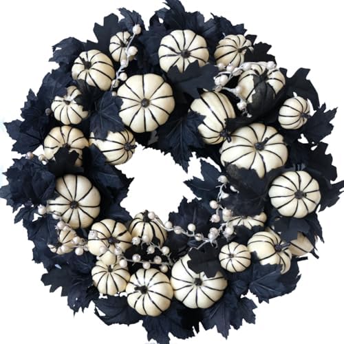 22 Inch Halloween Wreath with White Pumpkins and Black Maple Leaves
