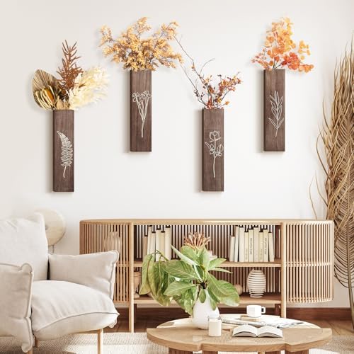 HOMIEE 4 Pack Wooden Wall Planters with Artificial Eucalyptus