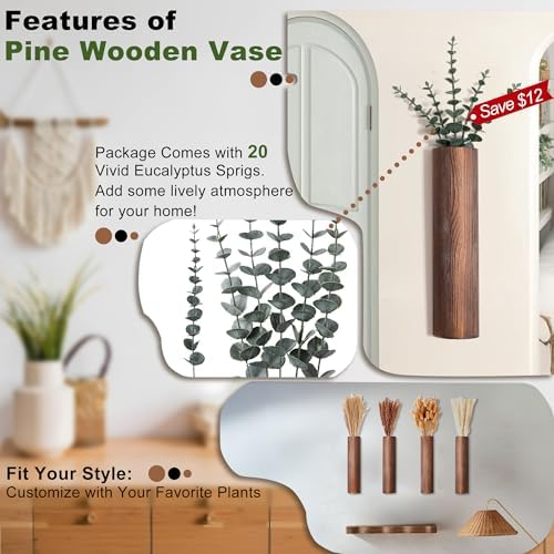 4 Pack Wood Wall Planter with Artificial Eucalyptus