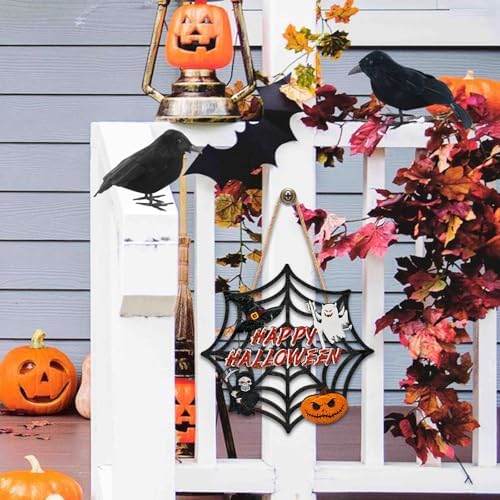 Halloween Wooden Door Wreath with Spider Web and Pumpkin