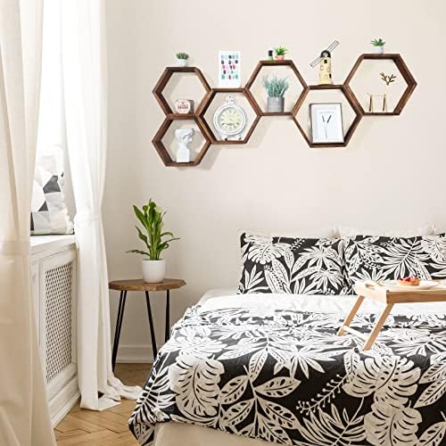 Maitys Hexagon Floating Shelves Set of 8 Brown Wood Wall Decor