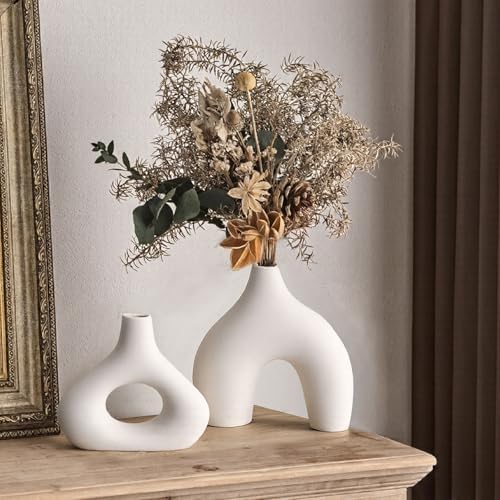 GarDream White Ceramic Vase Set of 2 Minimalist Donut Style