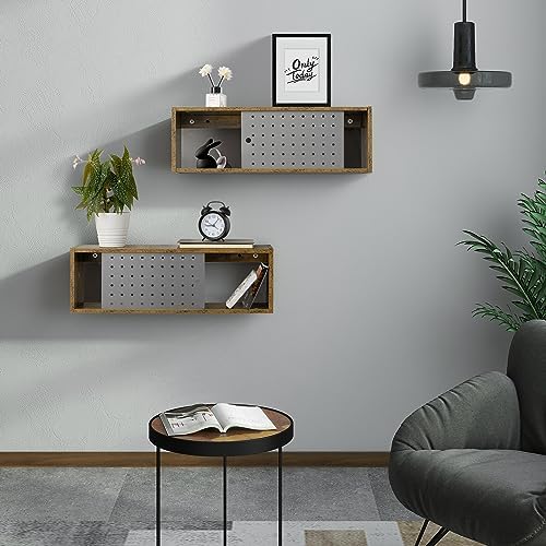 Sonefreiy 24in Floating Cabinet Set of 2 Rustic Wood TV Stand with Slide Metal Doors