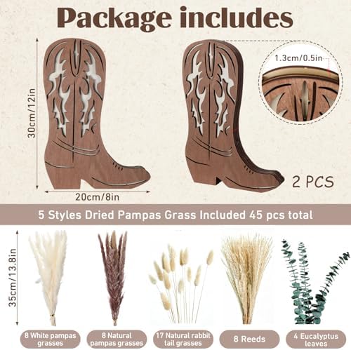 Chunful 2 Pcs Wood Cowboy Boot Vase with Dried Pampas Grass Flowers