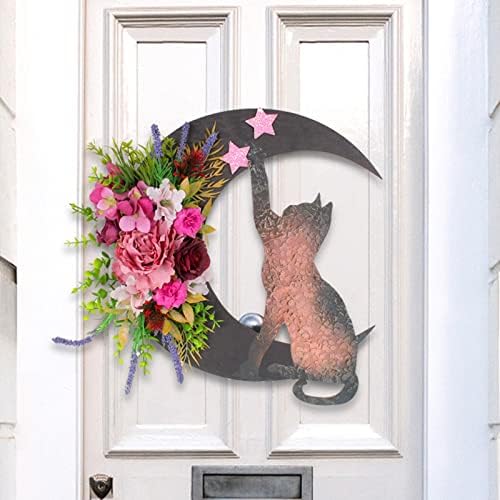 Halloween Black Cat Door Wreath with Bell Pendant