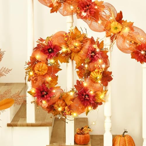 Fall Wreath with Lights - 20 Inch Autumn Decor for Front Door and Porch