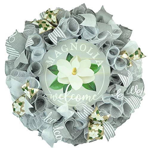 Neutral Magnolia Welcome Wreath - 24 Inch Front Door Decor