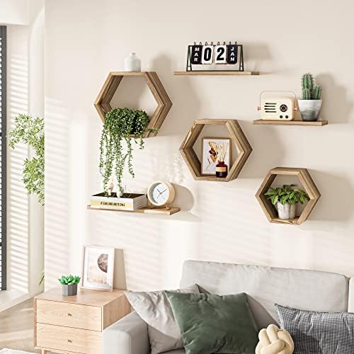 Modern Wooden Hexagon Floating Shelves Set of 6