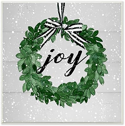 Stupell Industries Joy Sentiment Green Winter Leaf Wreath Wall Plaque 12x12 Grey