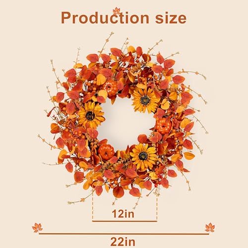 WSTPUPU 22 Inch Fall Wreath for Front Door