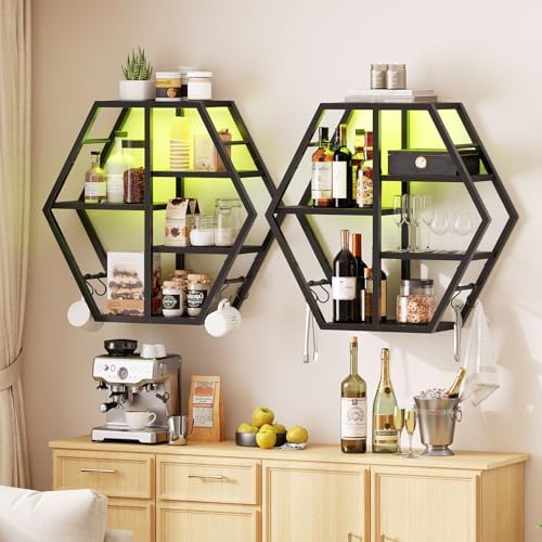 HOOBRO Gaming Floating Shelf with LED Lights Hexagonal Wall Mount Black BB76DBJ01