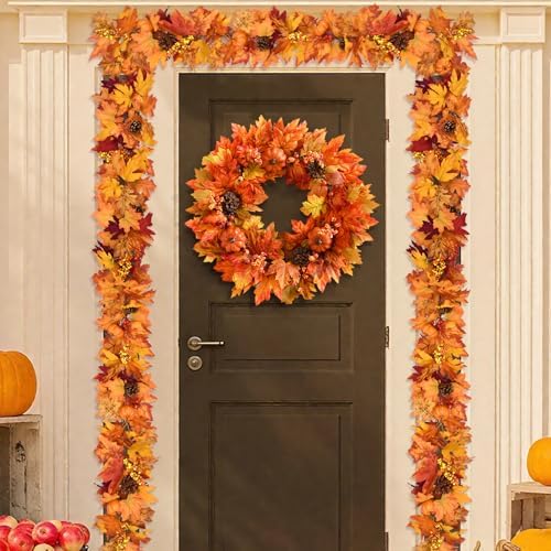 Elyum Fall Wreath - 20 Inch Autumn Door Decor with Pumpkins and Maple Leaves