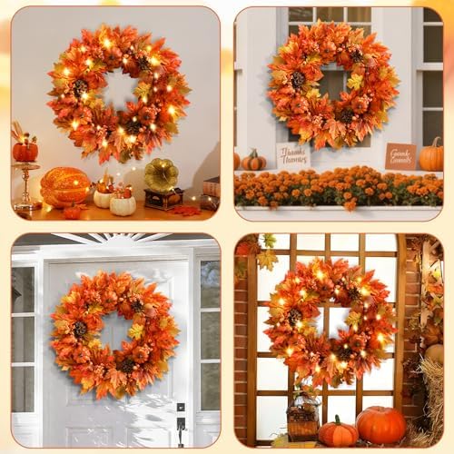Elyum Fall Wreath - 20 Inch Autumn Door Decor with Pumpkins and Maple Leaves