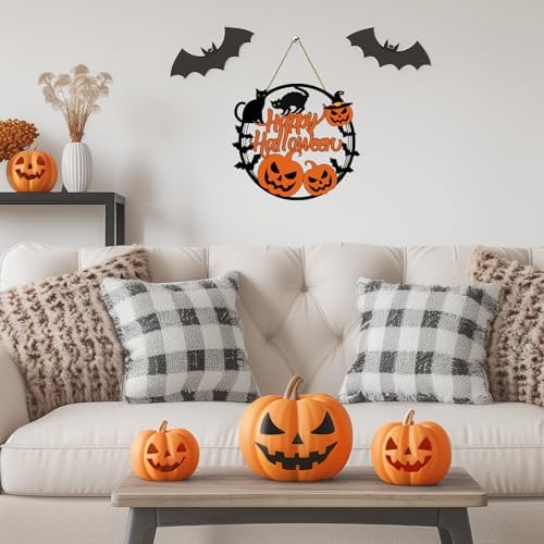 Halloween Wreath Decorations with Pumpkin Bat Black Cat Sign