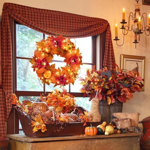 Fall Wreath with Lights - 20 Inch Autumn Decor for Front Door and Porch