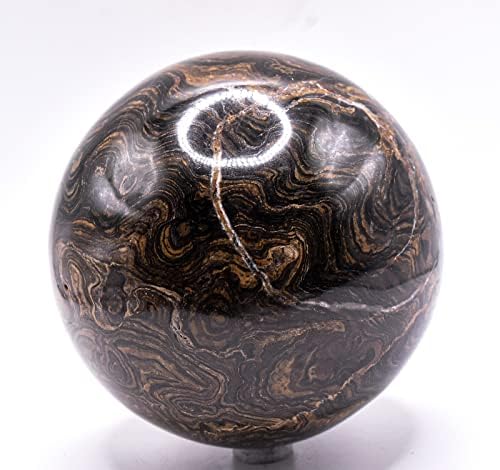 99mm Waved Black Brown Stromatolite Fossil Sphere with Stand