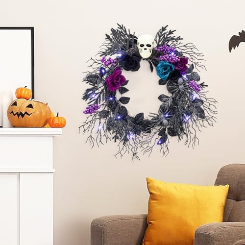Gothic Halloween Skull Wreath with LED Lights