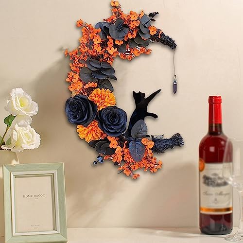 Elegant Halloween Cat Door Wreath with Black Cat and Purple Flowers