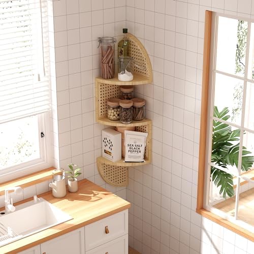 3-Tier Corner Wall Shelf - Rattan Floating Shelves for Bedroom Living Room and Bathroom