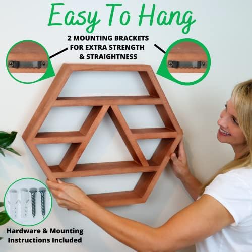 Hexagon Crystal Shelf Display - Large 21 Brown Wood Floating Shelves for Crystals
