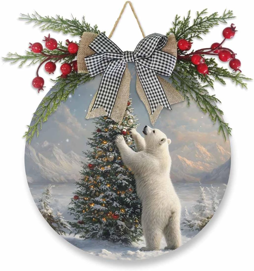 Welcome Sign Christmas Wreath Decor Round Wood Sign