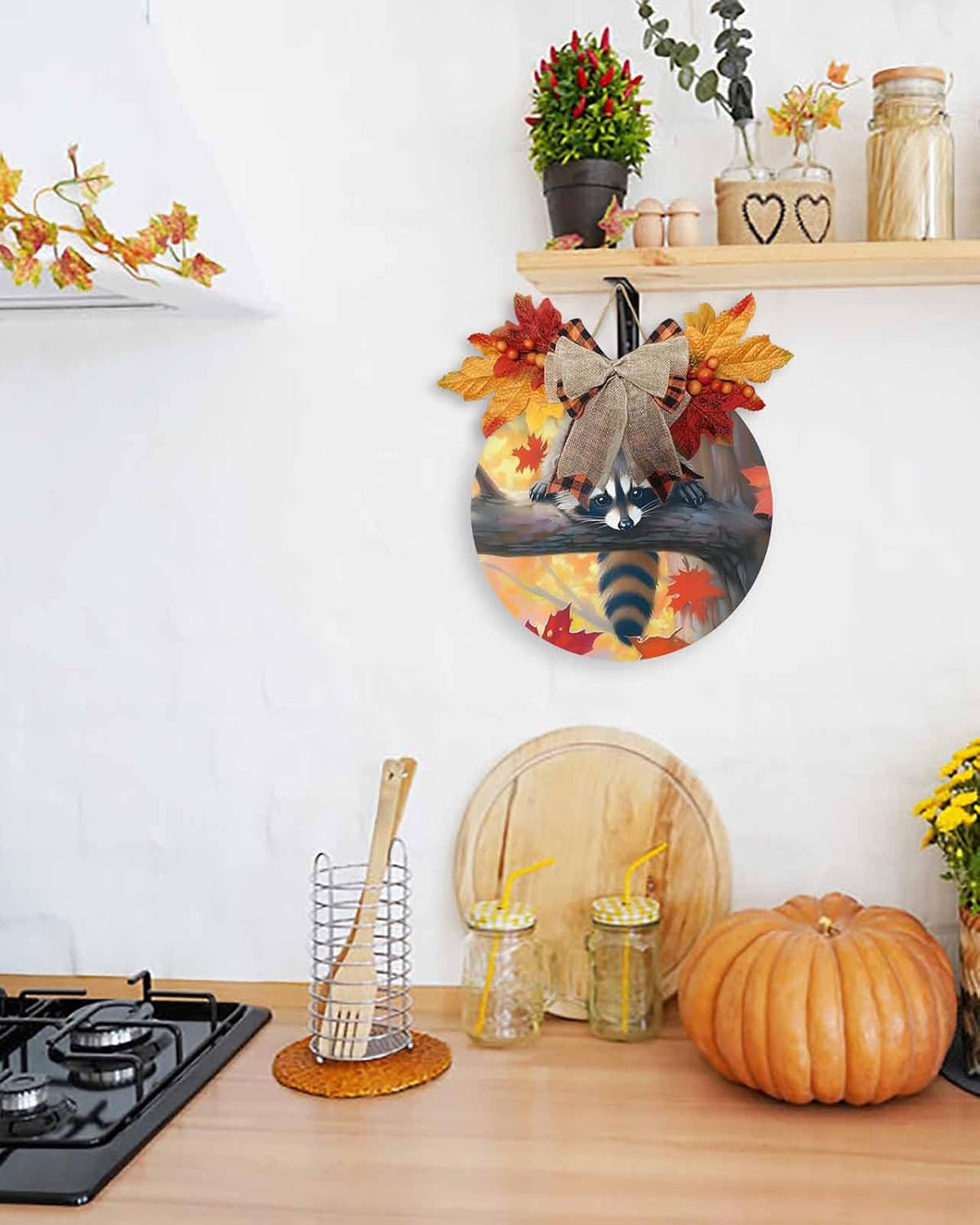 Welcome Sign Fall Thanksgiving Wreath Decor Raccoon Wood Round Door Sign