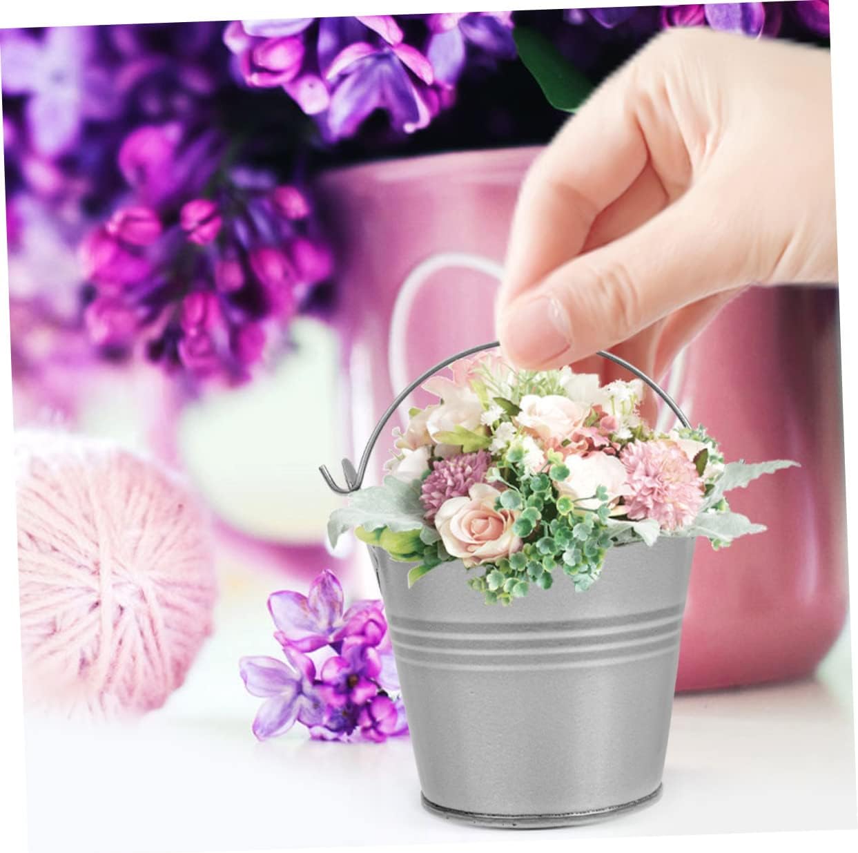 POPETPOP 5pcs Vintage Iron Flower Bucket Planter with Rustic Tin Handles for Home Decor