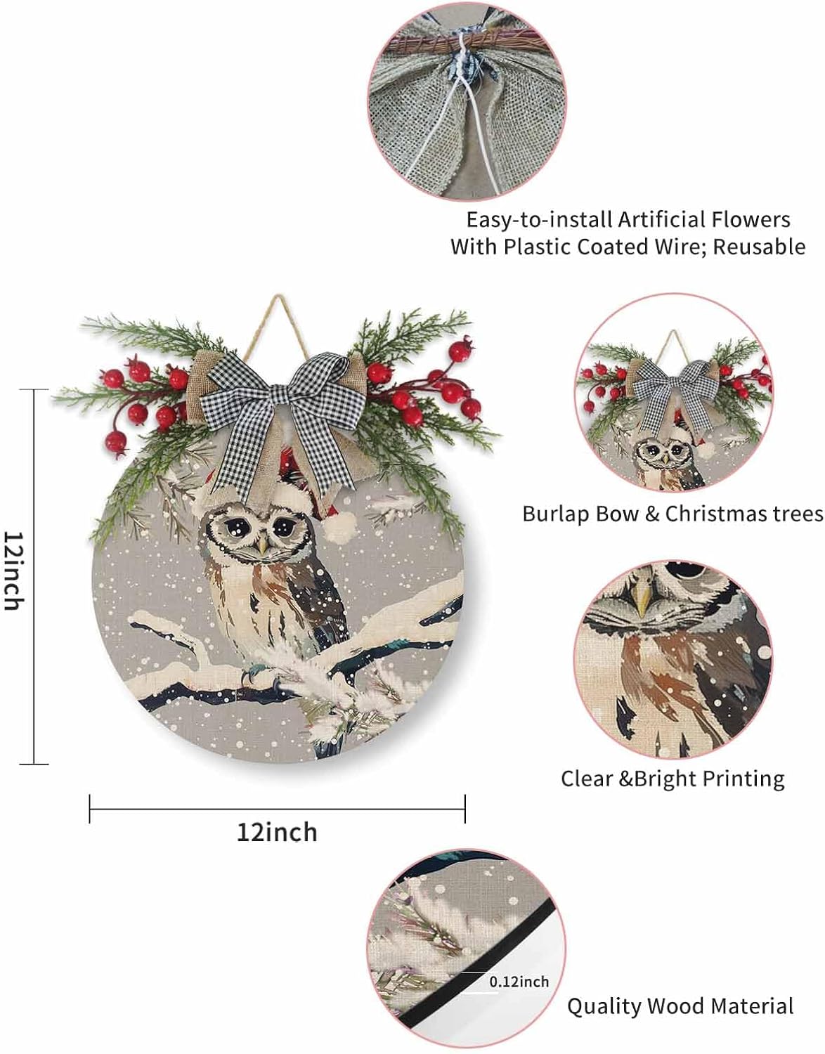 Welcome Sign Christmas Wreath Owl Wood Door Decor