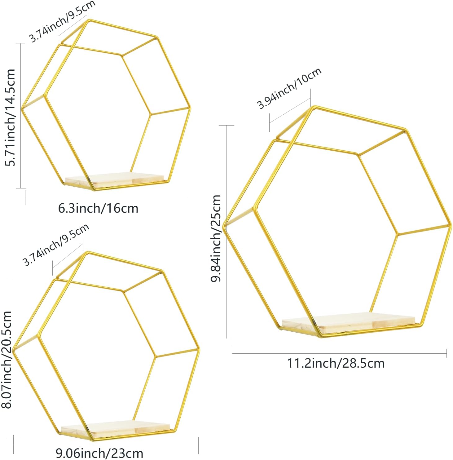3 Piece Gold Hexagon Floating Shelves Set