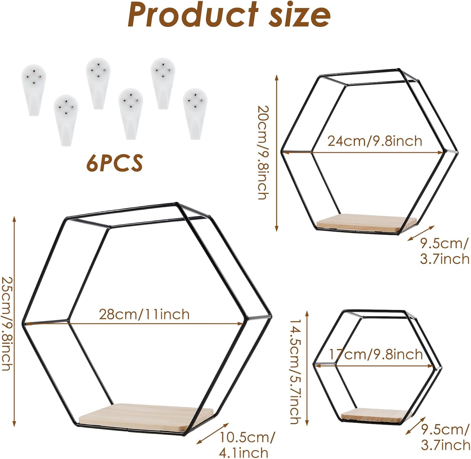 3PCS Hexagon Floating Shelves Black Wall Mount